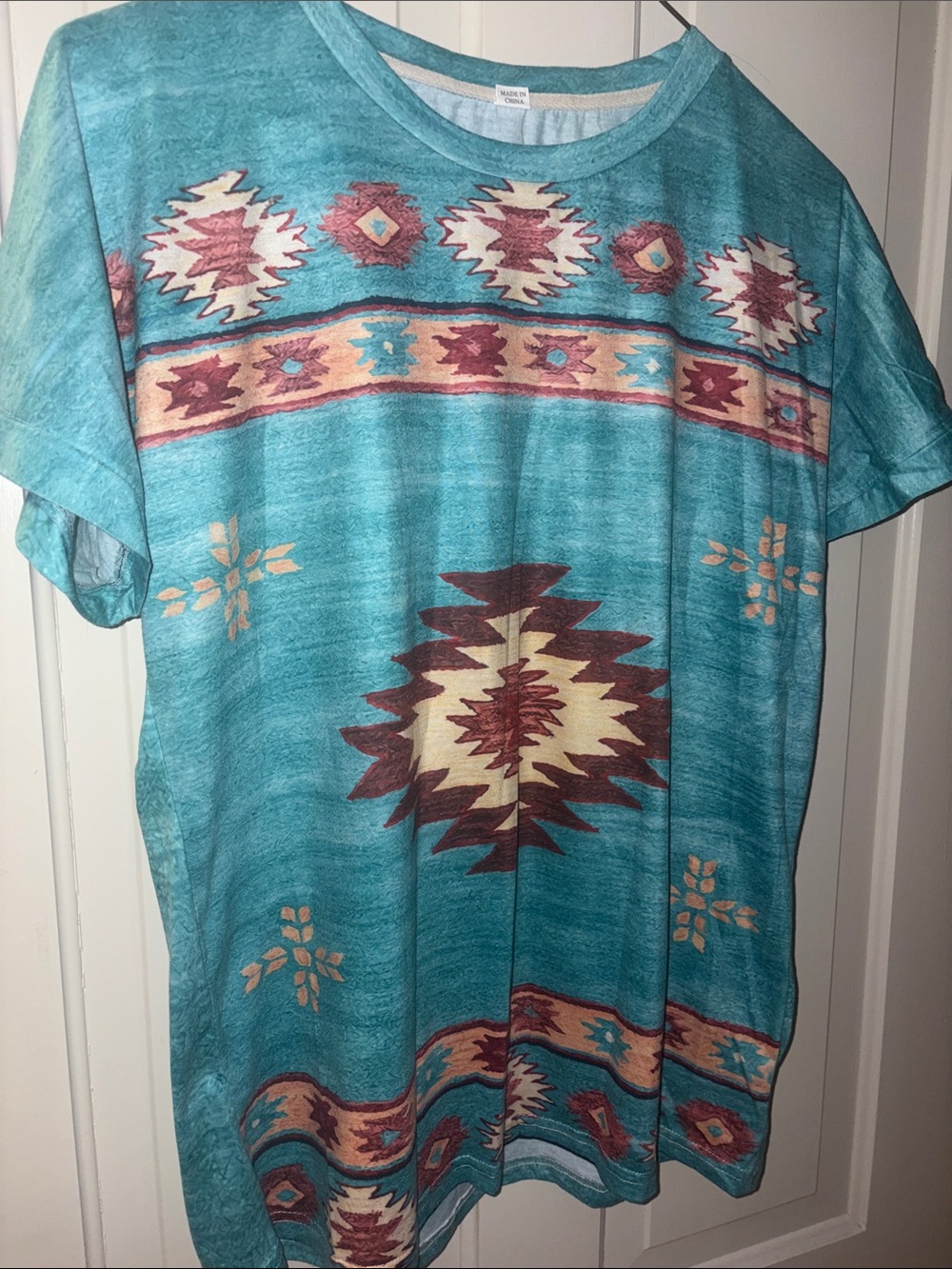 Women's Teal Aztec Print Short Sleeve Shirt